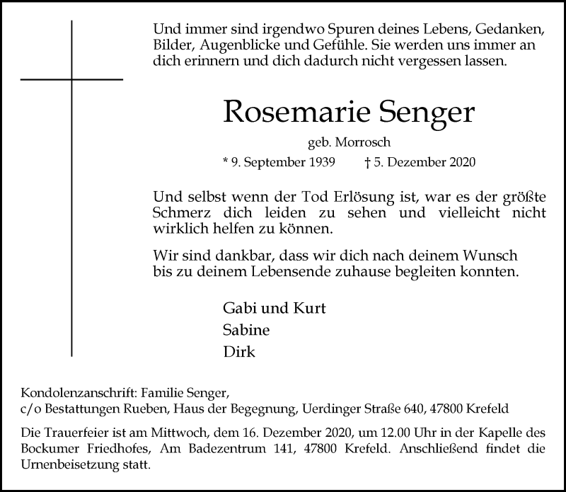 Alle Traueranzeigen Fur Rosemarie Senger Trauer Rp Online De