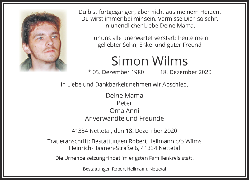  Traueranzeige für Simon Wilms vom 23.12.2020 aus Rheinische Post