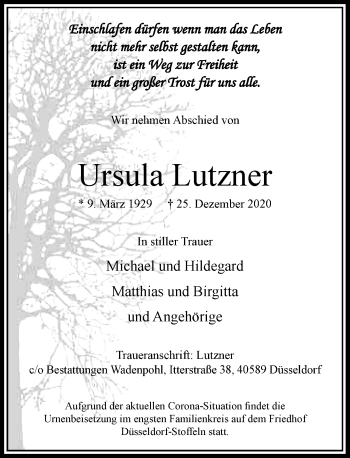 Traueranzeige von Ursula Lutzner von Rheinische Post