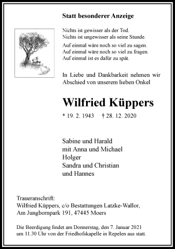 Traueranzeige von Wilfried Küppers von Rheinische Post