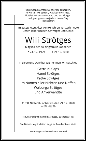 Traueranzeige von Willi Strötges von Rheinische Post