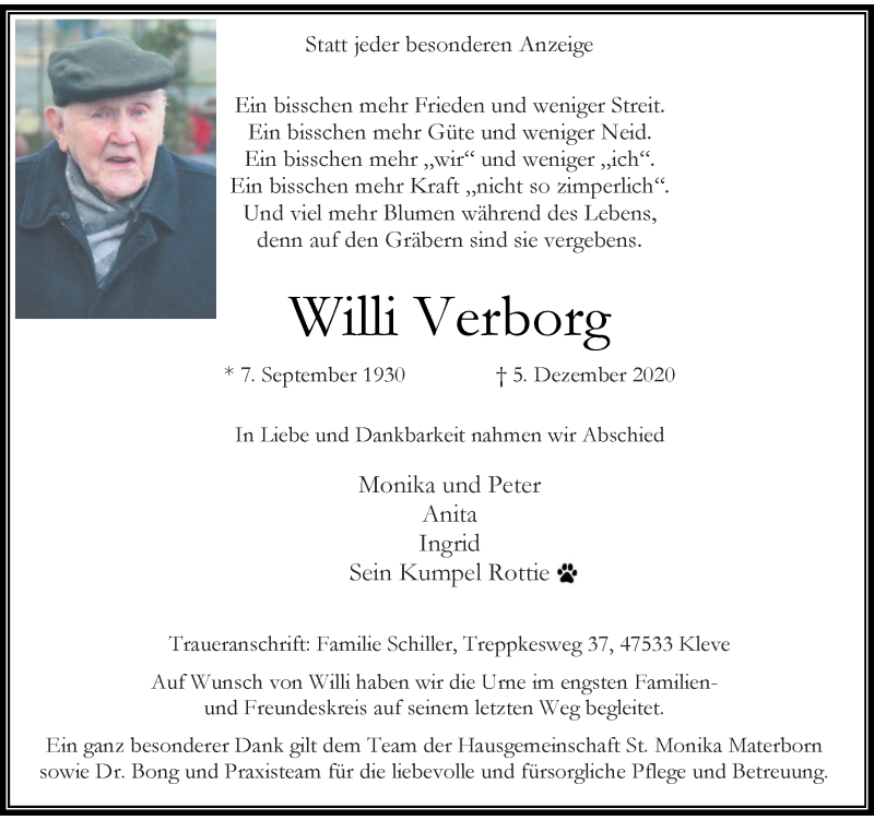  Traueranzeige für Willi Verborg vom 23.12.2020 aus Rheinische Post