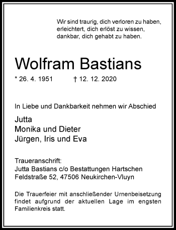 Traueranzeige von Wolfram Bastians von Rheinische Post