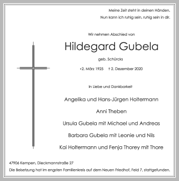 Traueranzeige von Hildegard Gubela von Rheinische Post