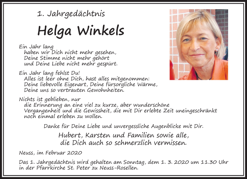  Traueranzeige für Helga Winkels vom 15.02.2020 aus Rheinische Post
