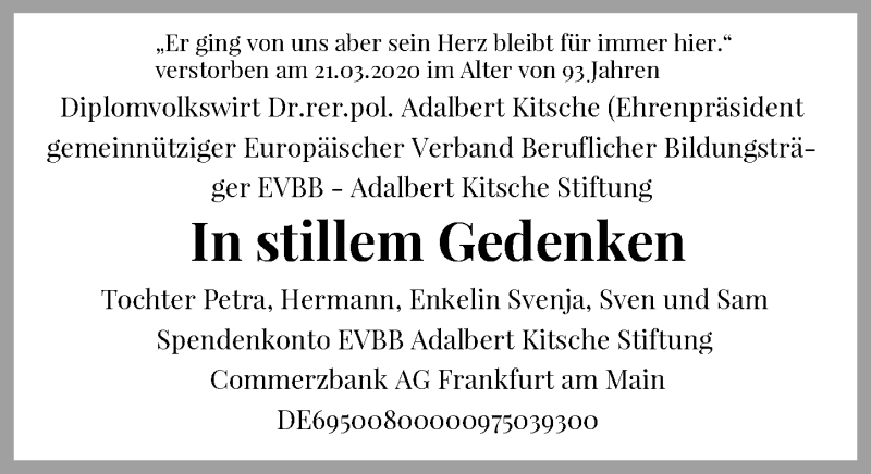  Traueranzeige für Adalbert Kitsche vom 28.03.2020 aus Rheinische Post
