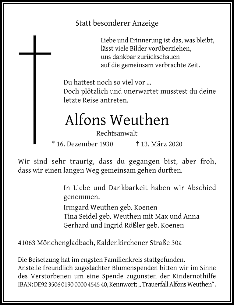  Traueranzeige für Alfons Weuthen vom 21.03.2020 aus Rheinische Post