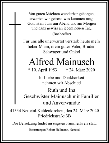 Traueranzeige von Alfred Mainusch von Rheinische Post