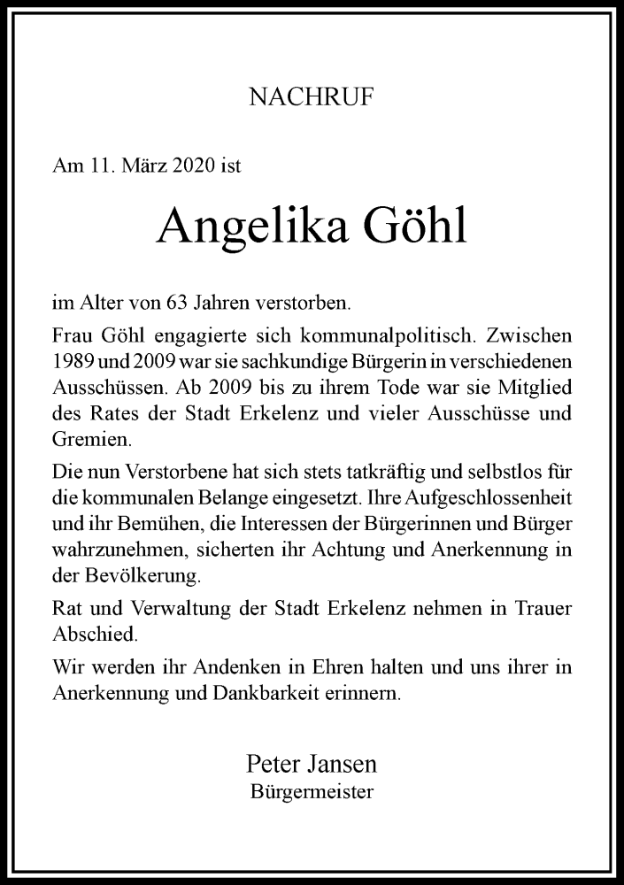  Traueranzeige für Angelika Göhl vom 19.03.2020 aus Rheinische Post