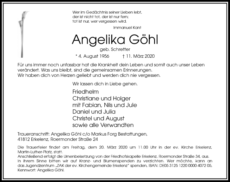  Traueranzeige für Angelika Göhl vom 14.03.2020 aus Rheinische Post