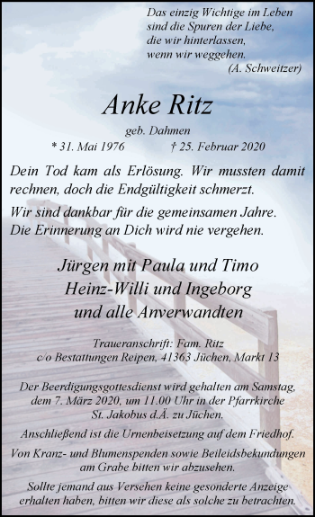 Traueranzeige von Anke Ritz von Rheinische Post