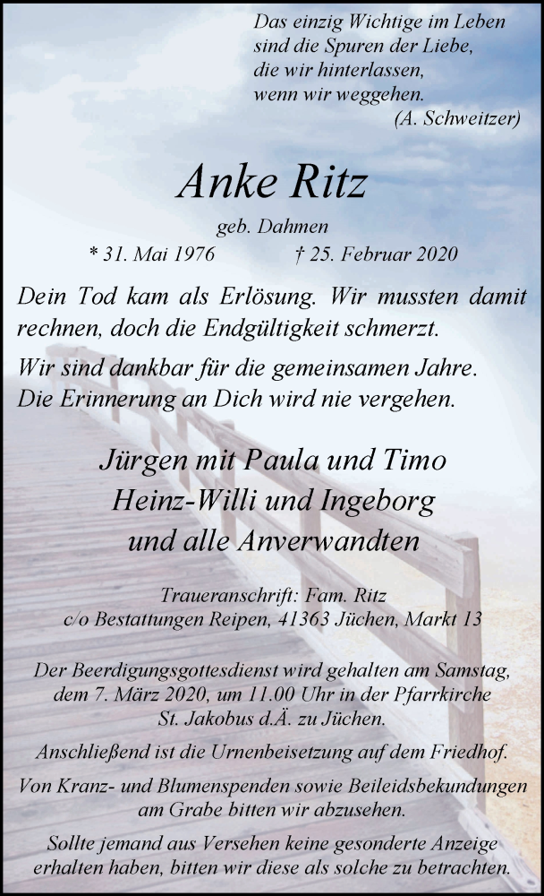  Traueranzeige für Anke Ritz vom 02.03.2020 aus Rheinische Post