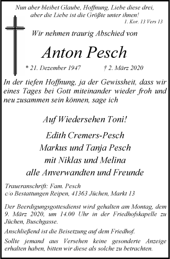 Traueranzeige von Anton Pesch von Rheinische Post