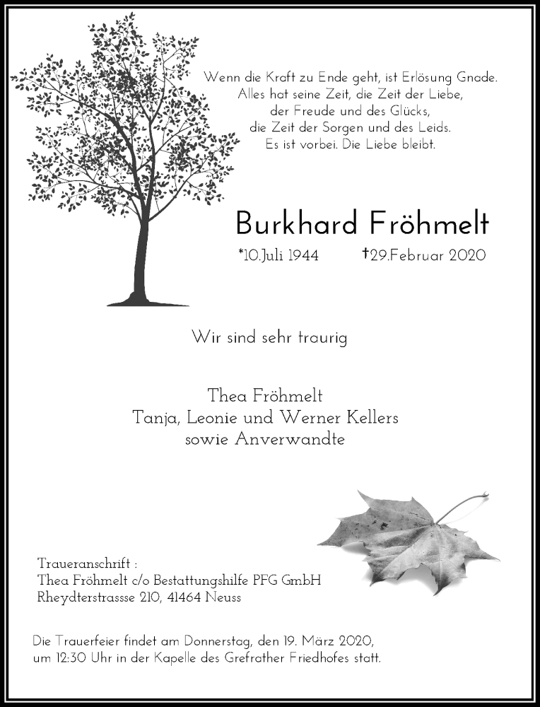 Traueranzeige für Burkhard Fröhmelt vom 16.03.2020 aus Rheinische Post