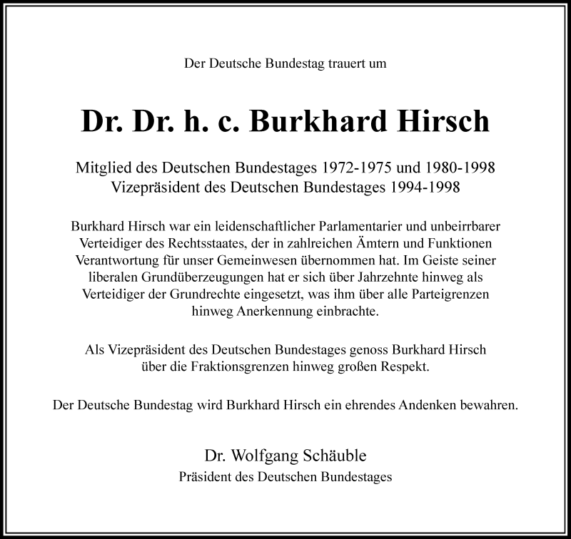  Traueranzeige für Burkhard Hirsch vom 14.03.2020 aus Rheinische Post