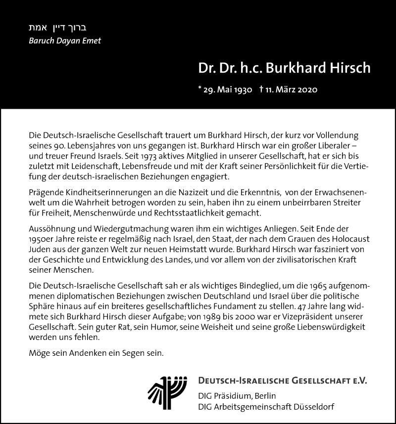  Traueranzeige für Burkhard Hirsch vom 14.03.2020 aus Rheinische Post