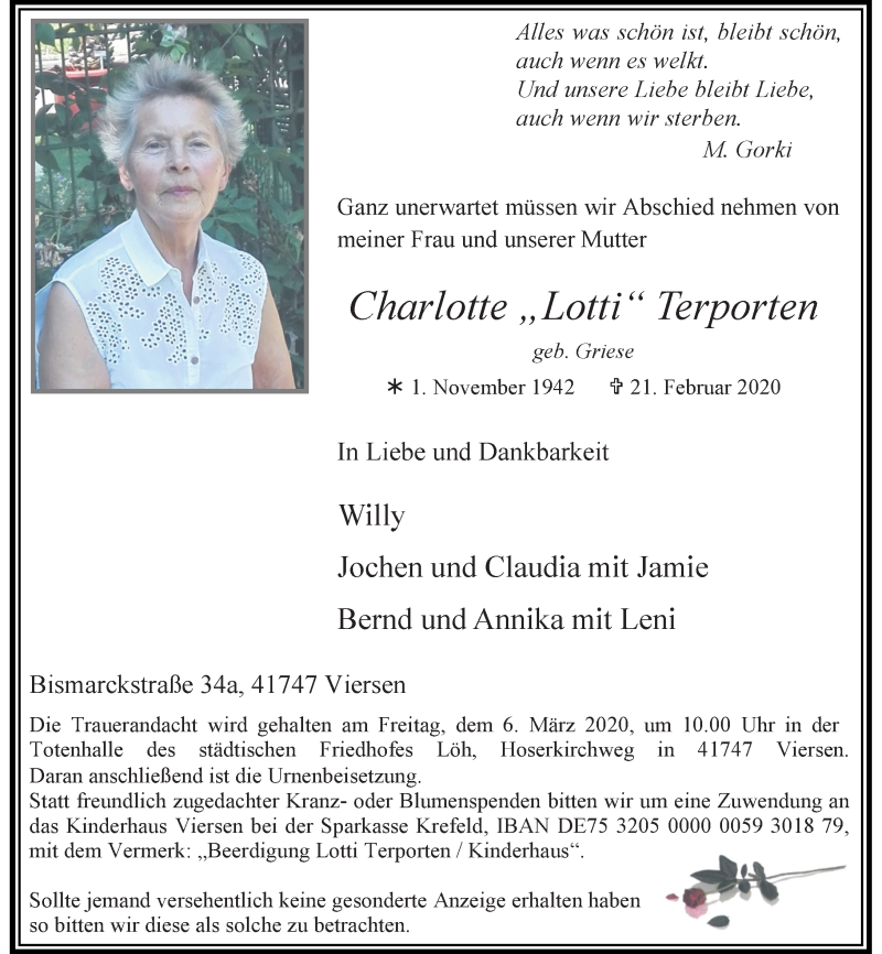  Traueranzeige für Charlotte Terporten vom 29.02.2020 aus Rheinische Post