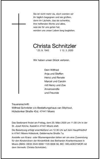 Traueranzeige von Christa Schnitzler von Rheinische Post