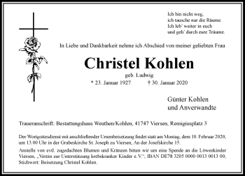 Traueranzeige von Christel Kohlen von Rheinische Post