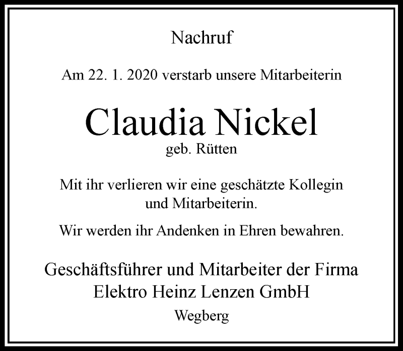  Traueranzeige für Claudia Nickel vom 08.02.2020 aus Rheinische Post