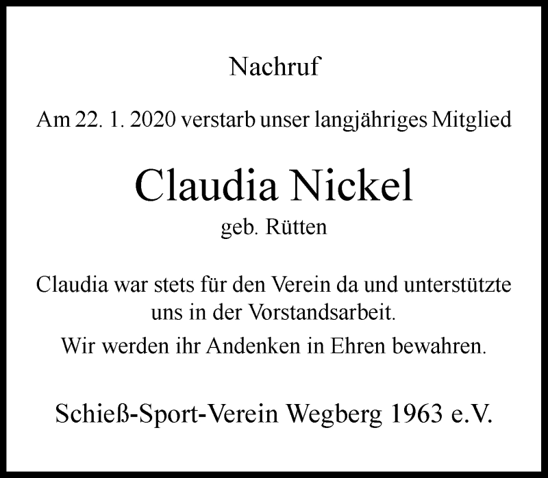  Traueranzeige für Claudia Nickel vom 08.02.2020 aus Rheinische Post