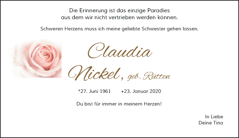  Traueranzeige für Claudia Nickel vom 01.02.2020 aus Rheinische Post