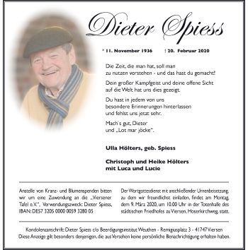 Traueranzeige von Dieter Spiess von Rheinische Post