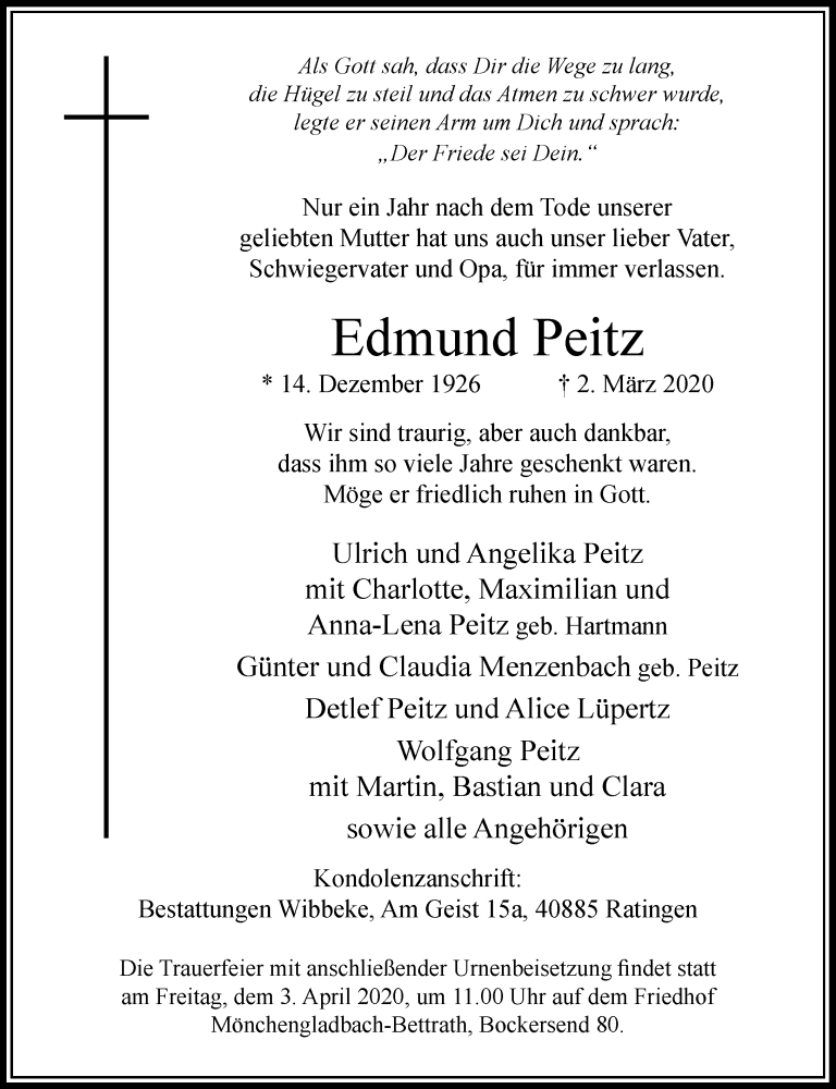  Traueranzeige für Edmund Peitz vom 21.03.2020 aus Rheinische Post