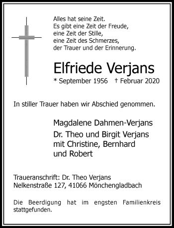 Traueranzeige von Elfriede Verjans von Rheinische Post