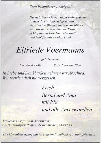 Traueranzeige von Elfriede Voermanns von Rheinische Post