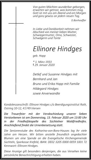 Traueranzeige von Ellinore Hindges von Rheinische Post