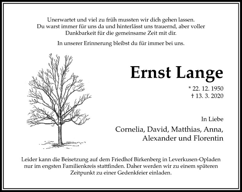  Traueranzeige für Ernst Lange vom 21.03.2020 aus Rheinische Post