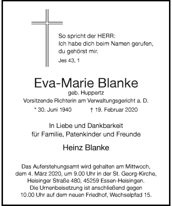 Traueranzeige von Eva-Marie Blanke von Rheinische Post