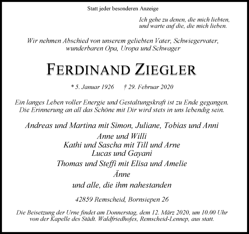  Traueranzeige für Ferdinand Ziegler vom 07.03.2020 aus Rheinische Post