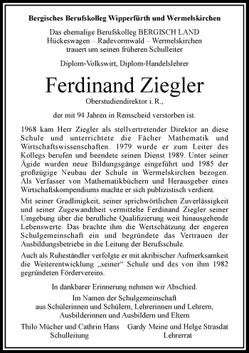 Traueranzeige von Ferdinand Ziegler von Rheinische Post
