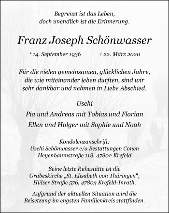 Traueranzeige von Franz Joseph Schönwasser von Rheinische Post