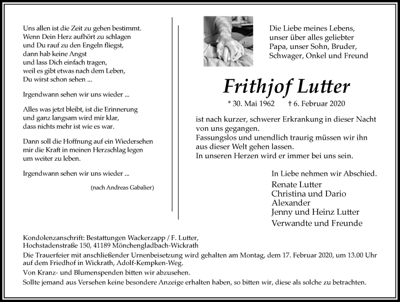  Traueranzeige für Frithjof Lutter vom 08.02.2020 aus Rheinische Post