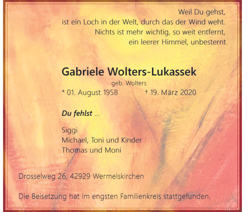  Traueranzeige für Gabriele Wolters-Lukassek vom 28.03.2020 aus Rheinische Post