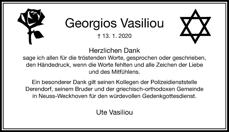  Traueranzeige für Georgios Vasiliou vom 15.02.2020 aus Rheinische Post