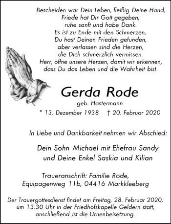 Traueranzeige von Gerda Rode von Rheinische Post