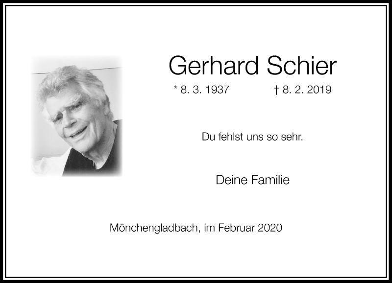  Traueranzeige für Gerhard Schier vom 08.02.2020 aus Rheinische Post