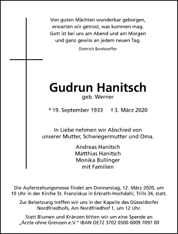 Traueranzeige von Gudrun Hanitsch von Rheinische Post