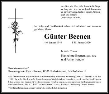 Traueranzeige von Günter Beenen von Rheinische Post