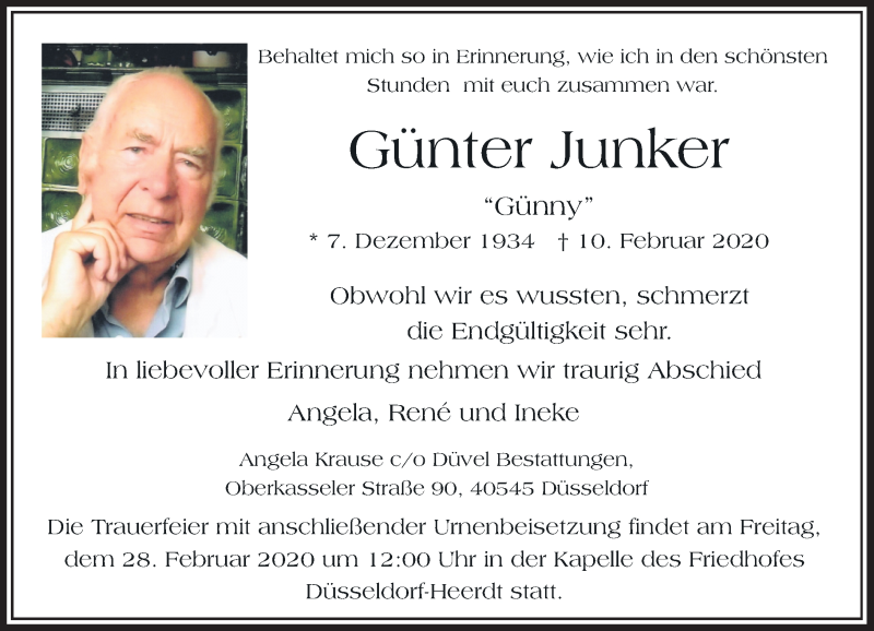  Traueranzeige für Günter Junker vom 15.02.2020 aus Rheinische Post