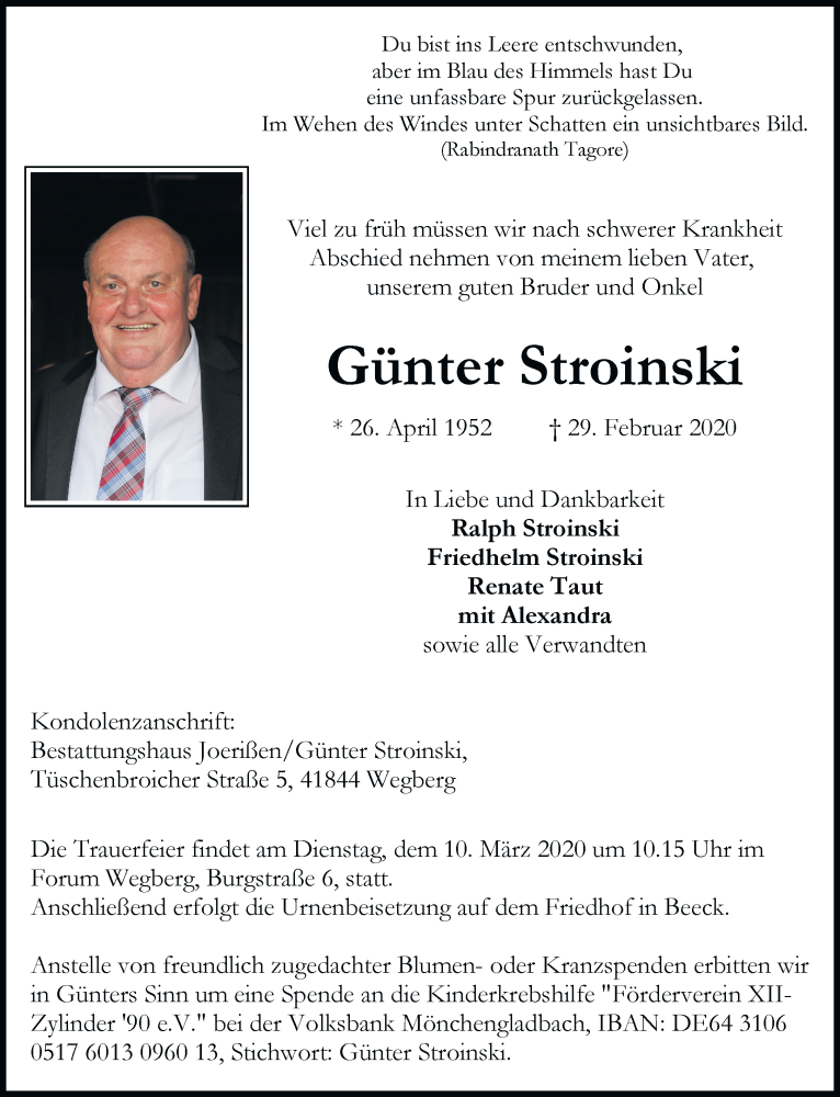  Traueranzeige für Günter Stroinski vom 06.03.2020 aus Rheinische Post