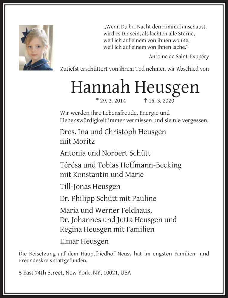  Traueranzeige für Hannah Heusgen vom 28.03.2020 aus Rheinische Post