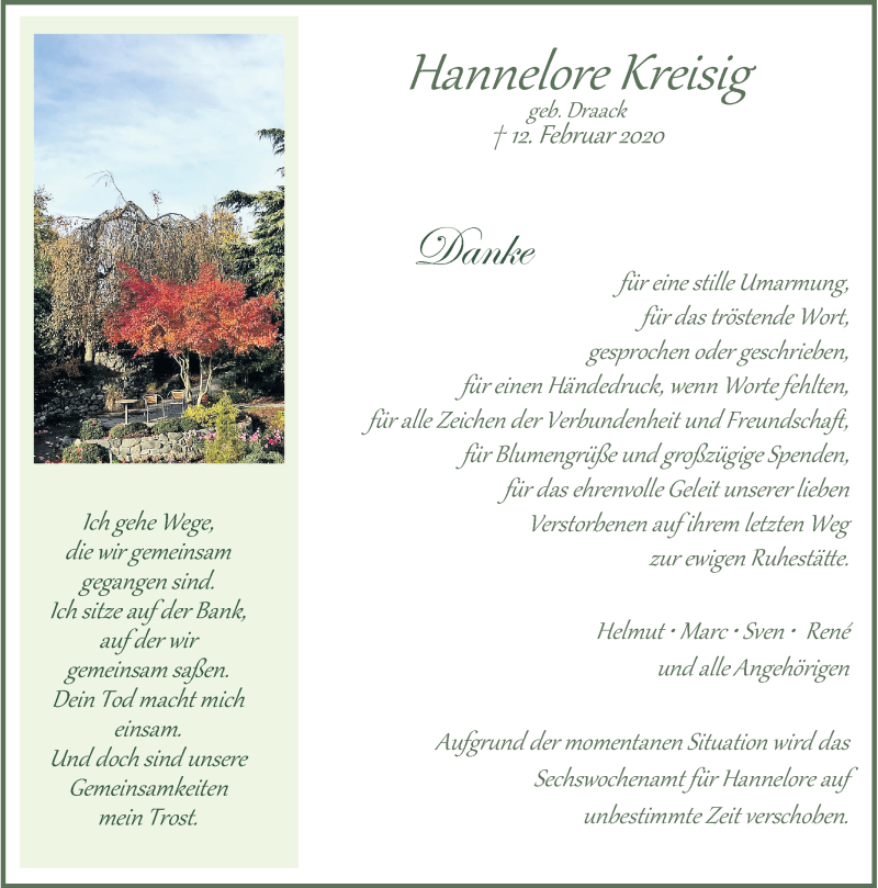  Traueranzeige für Hannelore Kreisig vom 21.03.2020 aus Rheinische Post
