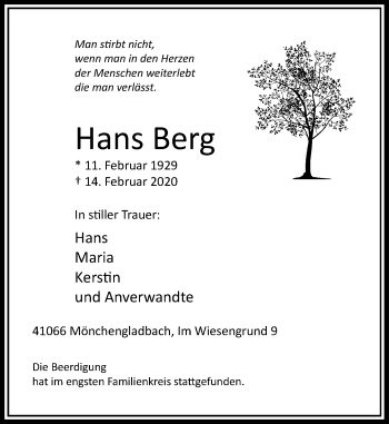 Traueranzeige von Hans Berg von Rheinische Post
