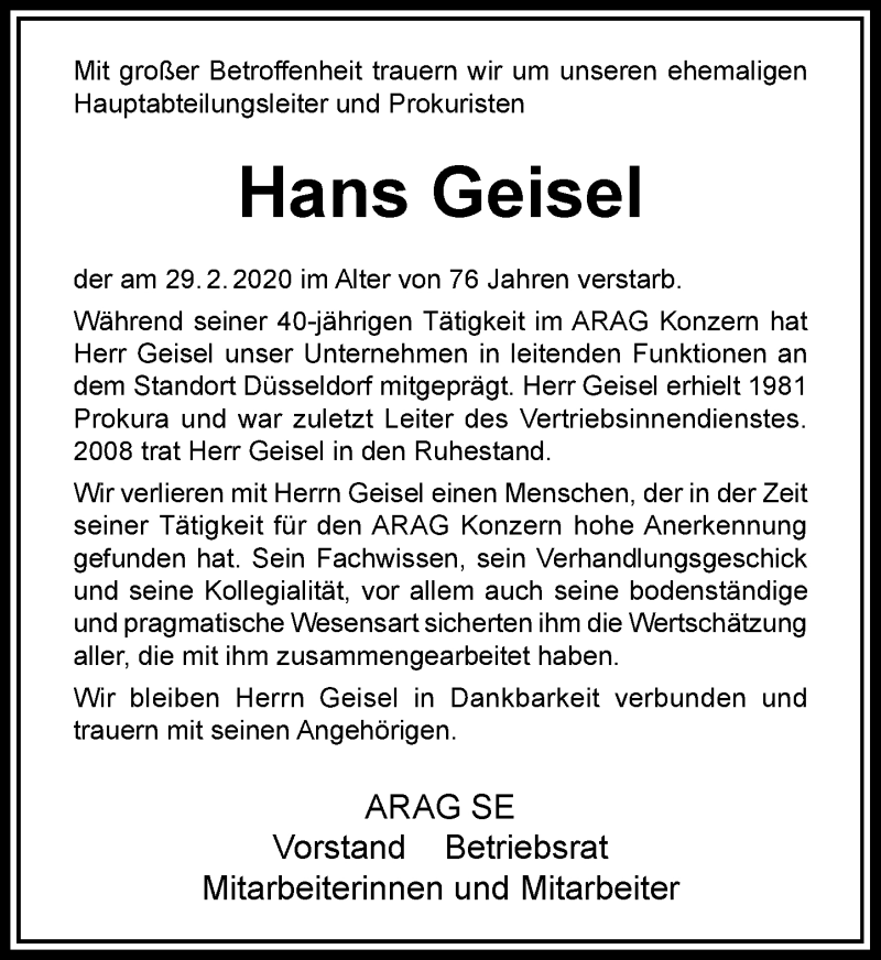  Traueranzeige für Hans Geisel vom 14.03.2020 aus Rheinische Post