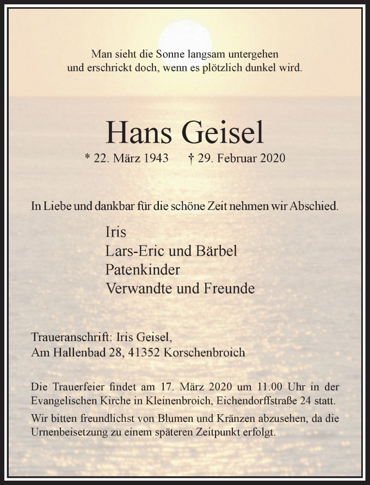  Traueranzeige für Hans Geisel vom 11.03.2020 aus Rheinische Post